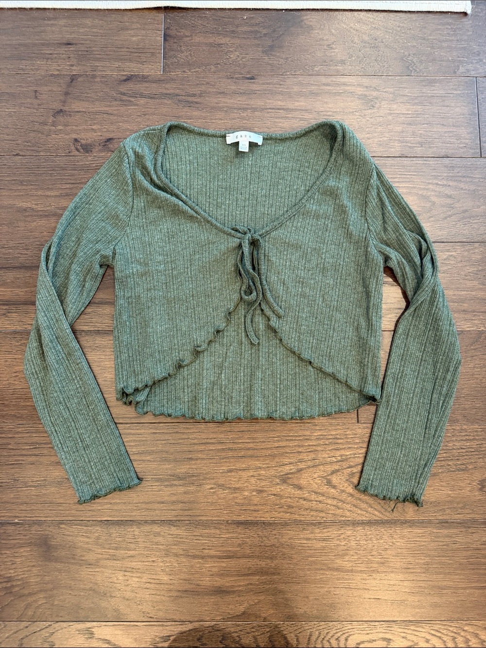 Gaze Knit Crop Cardigan Sweater Open Front Tie Women in Green XS - C33-059